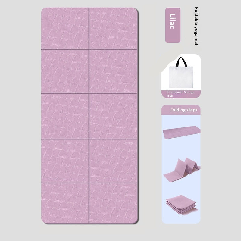 Foldable yoga mat in lilac with packaging and instructions on a light gray background