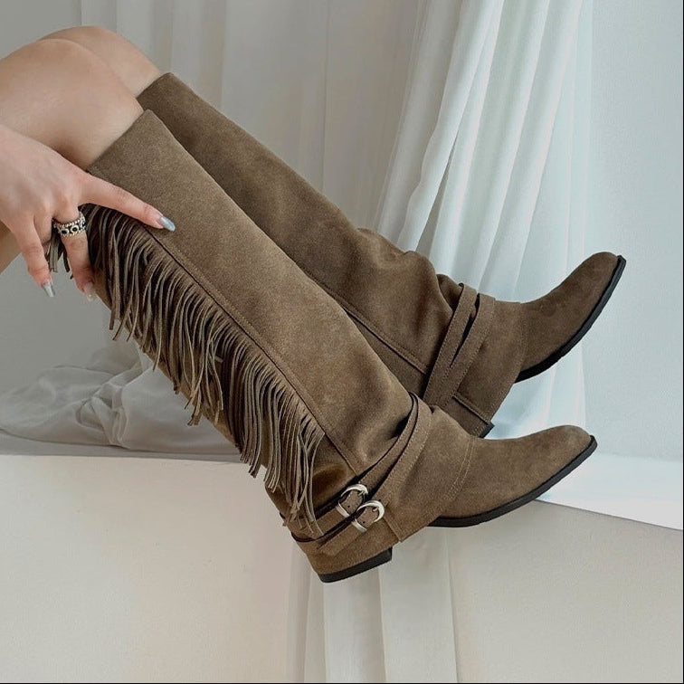 Brown Fringed Boho Knee High Boots