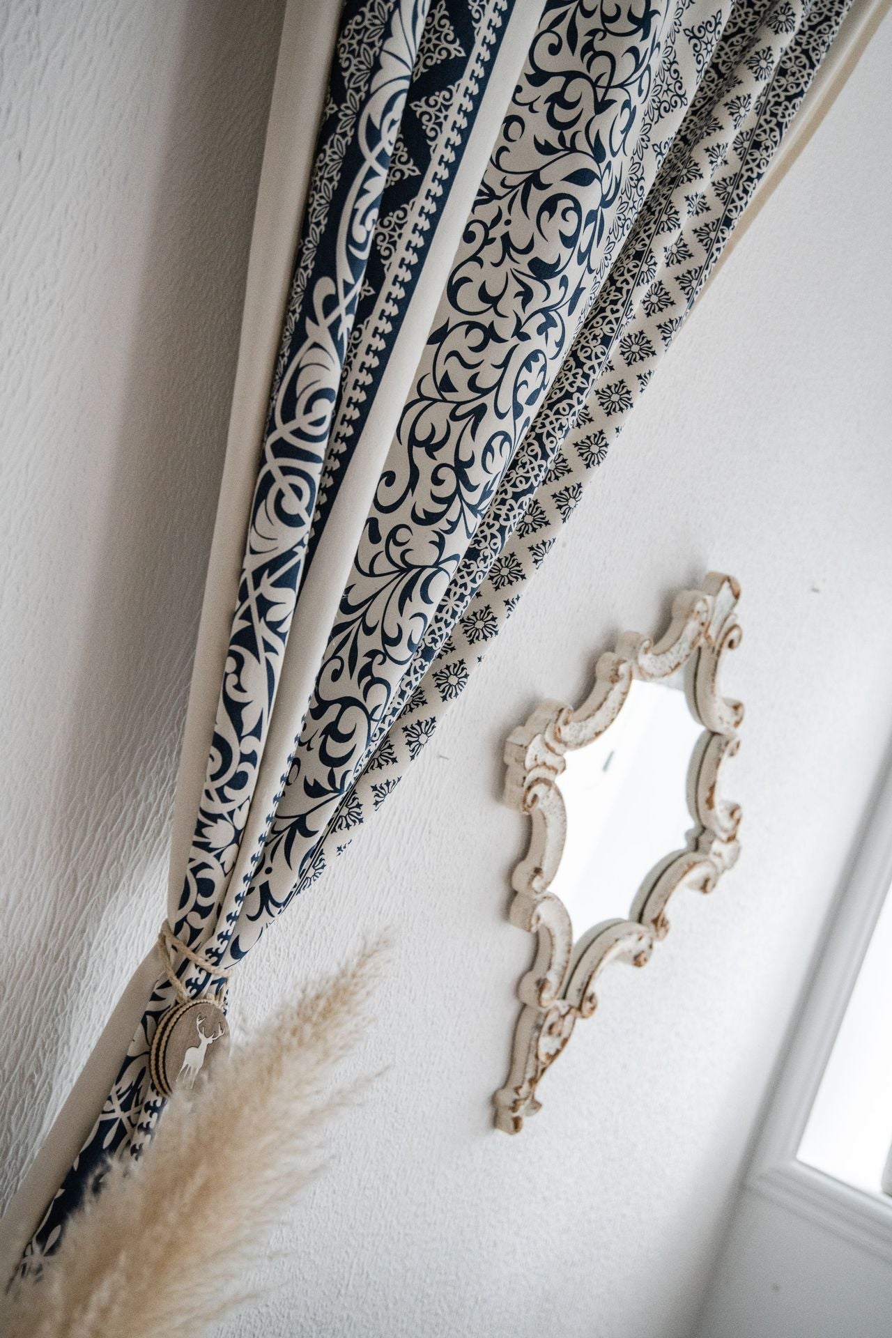 Geometric Pattern Curtain in White and Blue