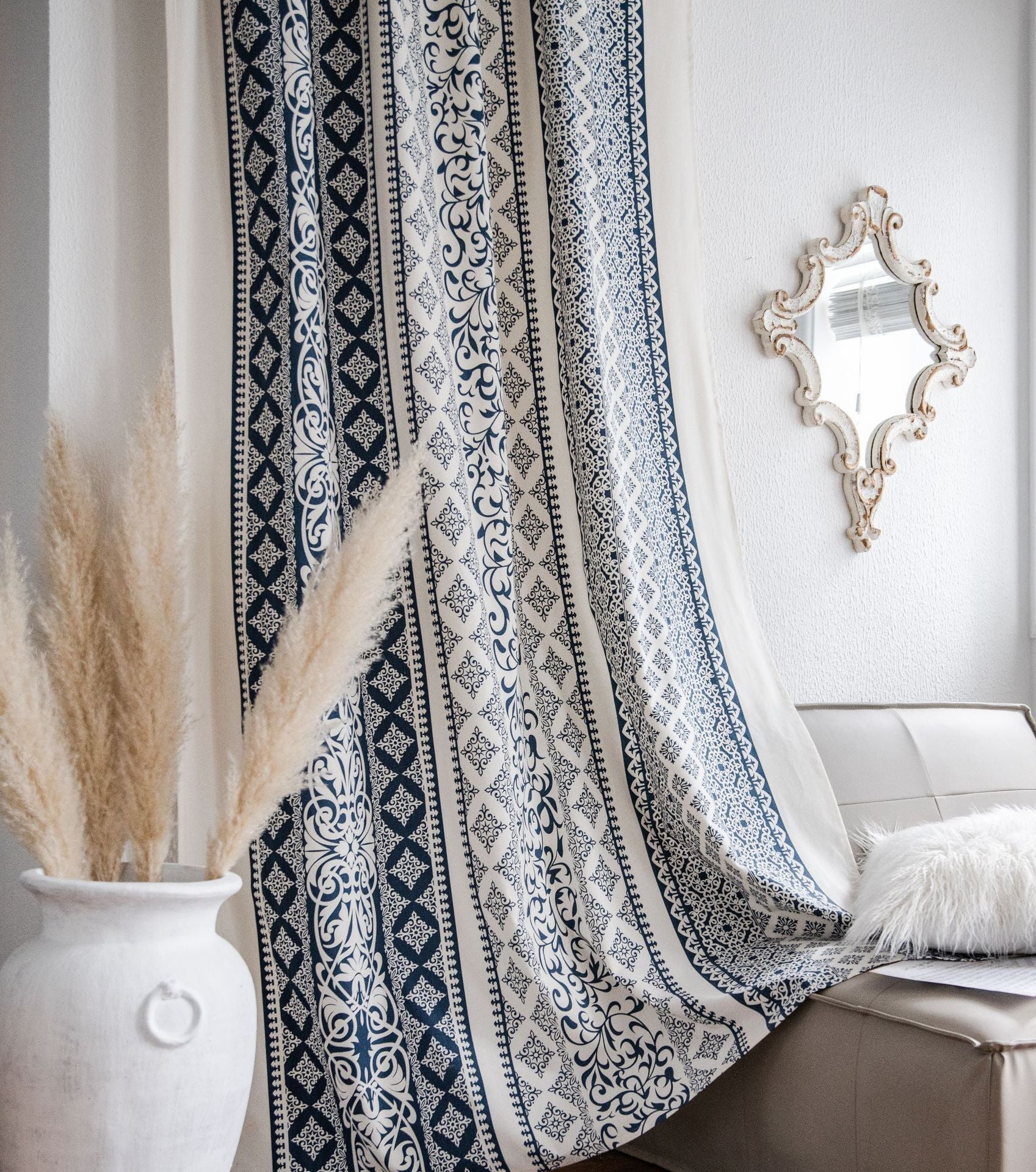 Geometric Pattern Curtains in White and Blue