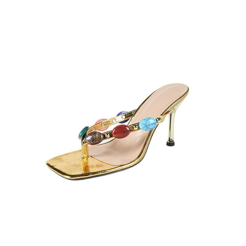 Golden Boho Heels with Gemstones