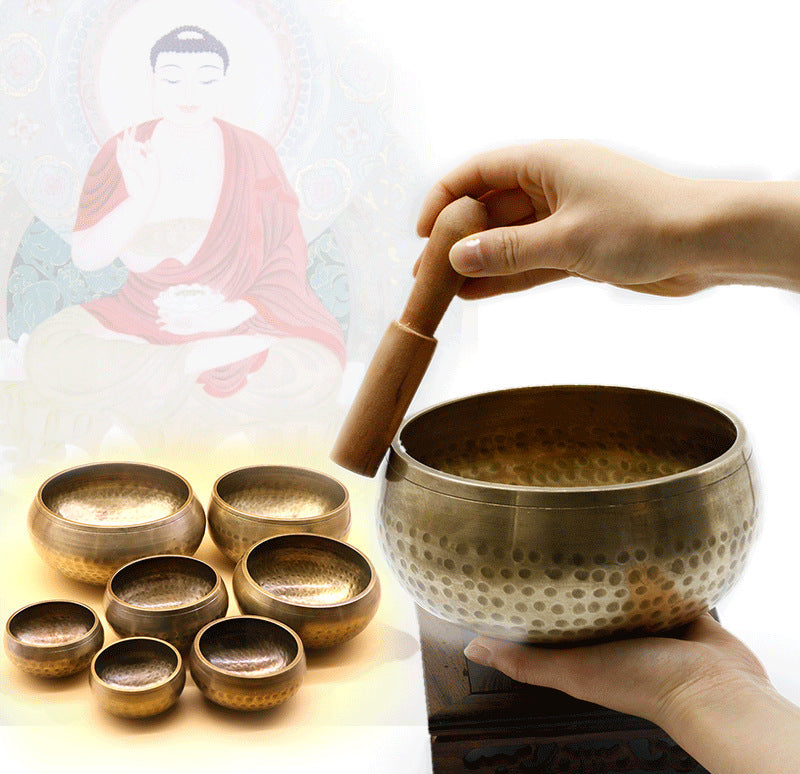 Gold Tibetan Singing Bowl with Cushion Ring and Mallet