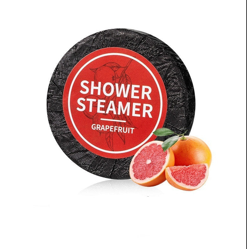 Grapefruit shower steamer with a red label on a white background