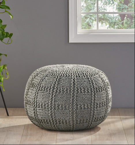 Gray Crocheted Round Pouf