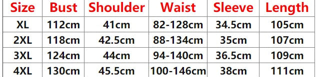 Size chart for clothing with measurements in centimeters