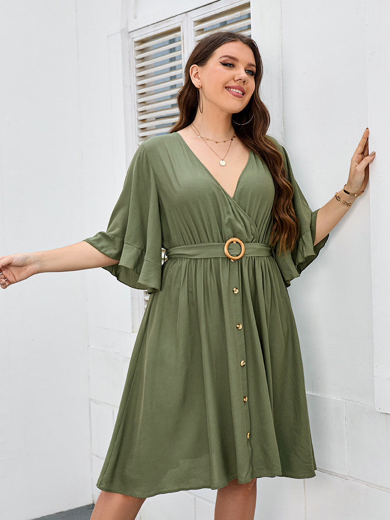 Green Belted Plus Size Mini Dress