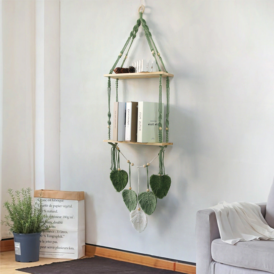 Green Boho Macrame Shelves Wall Hanging with Leaves