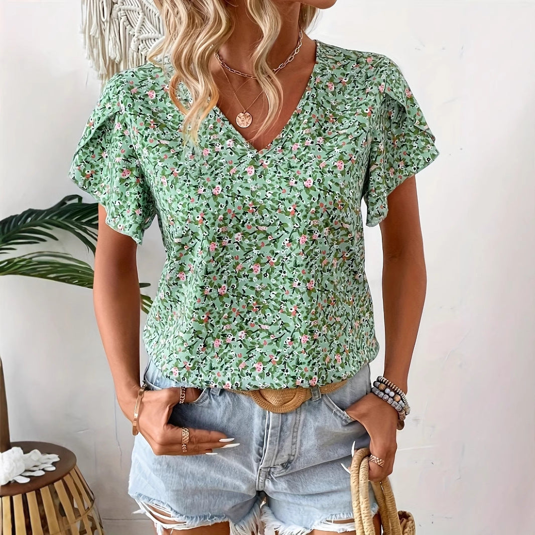 Green Floral Pattern Boho Blouse with Short Ruffled Sleeves