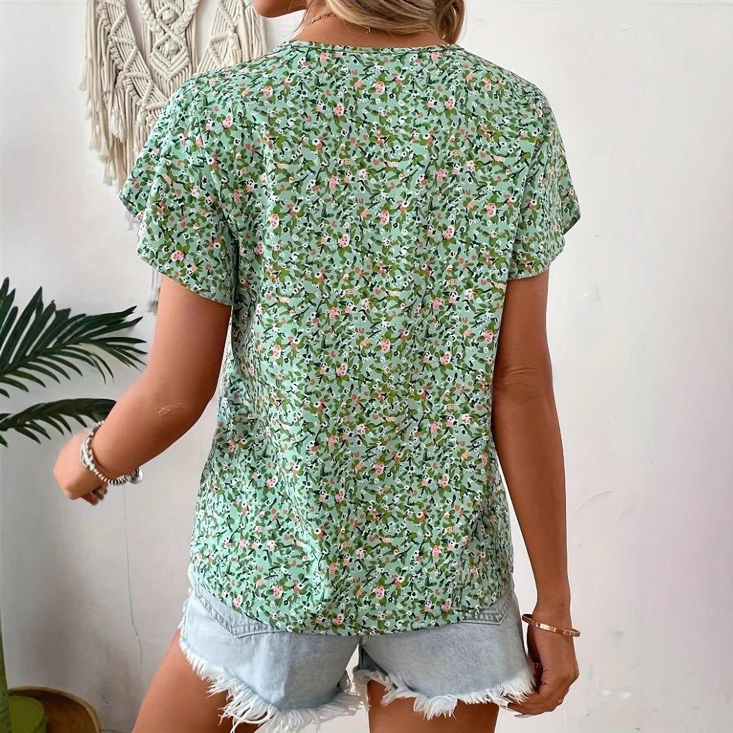 Green Floral Pattern Boho Blouse with Short Ruffled Sleeves