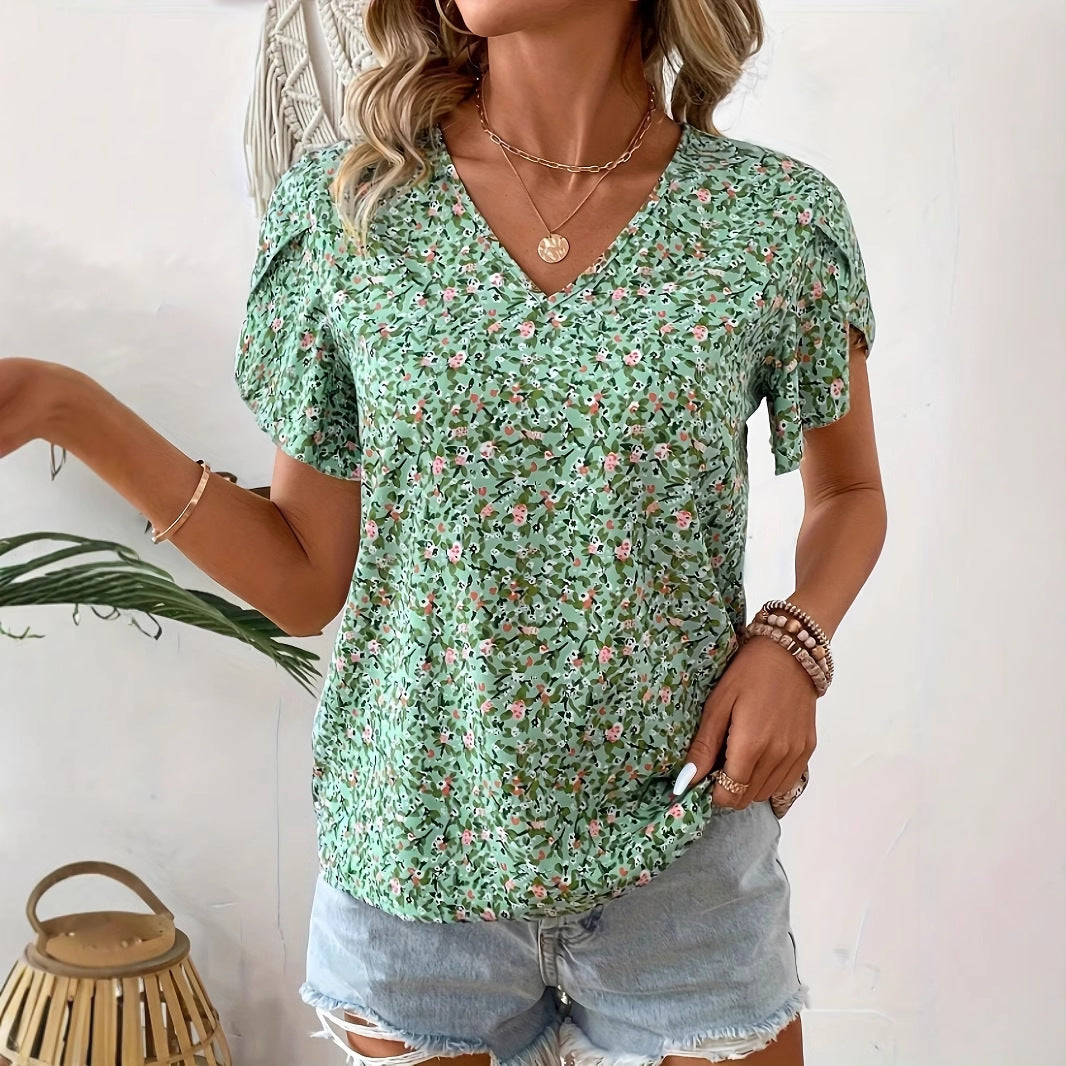 Green Floral Pattern Boho Blouse with Short Ruffled Sleeves