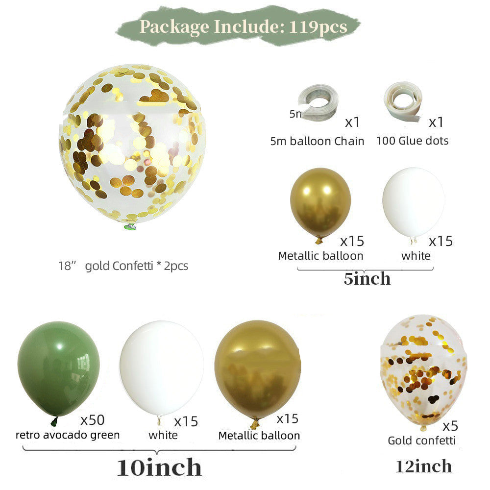 Balloon package contents including gold confetti, metallic balloons, and other types of balloons with quantities listed.
