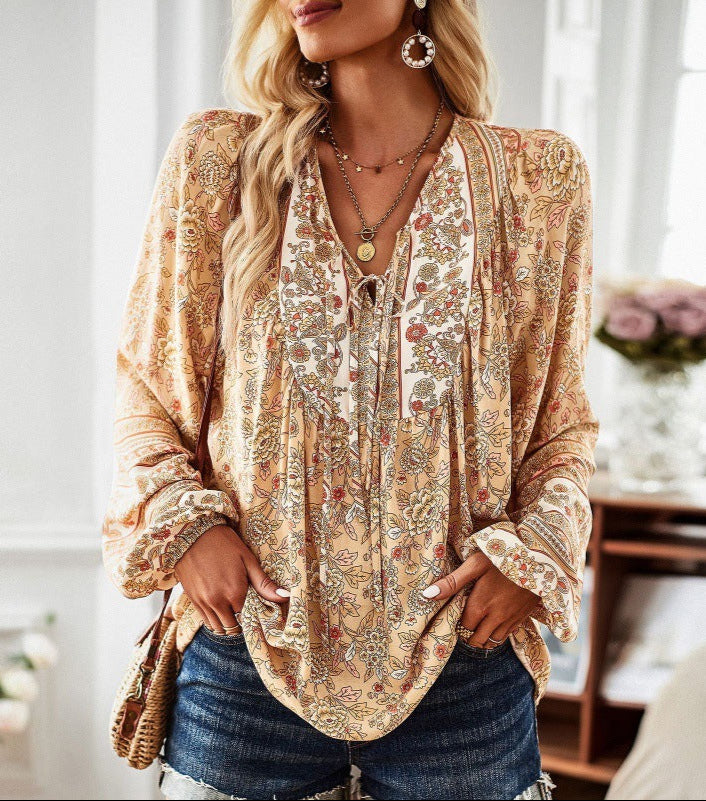 beige Gypsy Style Print Blouse for Women