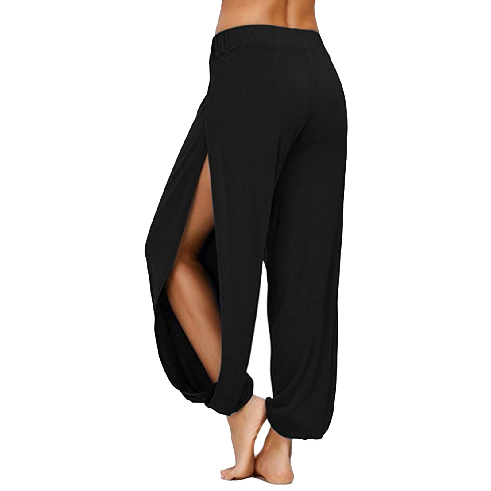 Black pants with a side slit on a white background