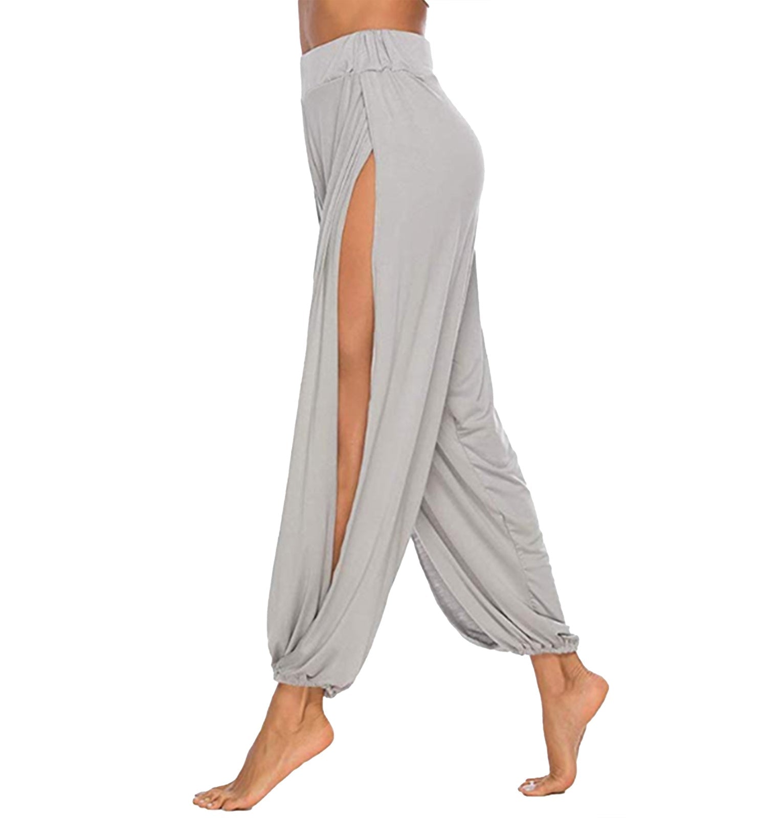 Gray wide-leg pants with a high slit on a white background
