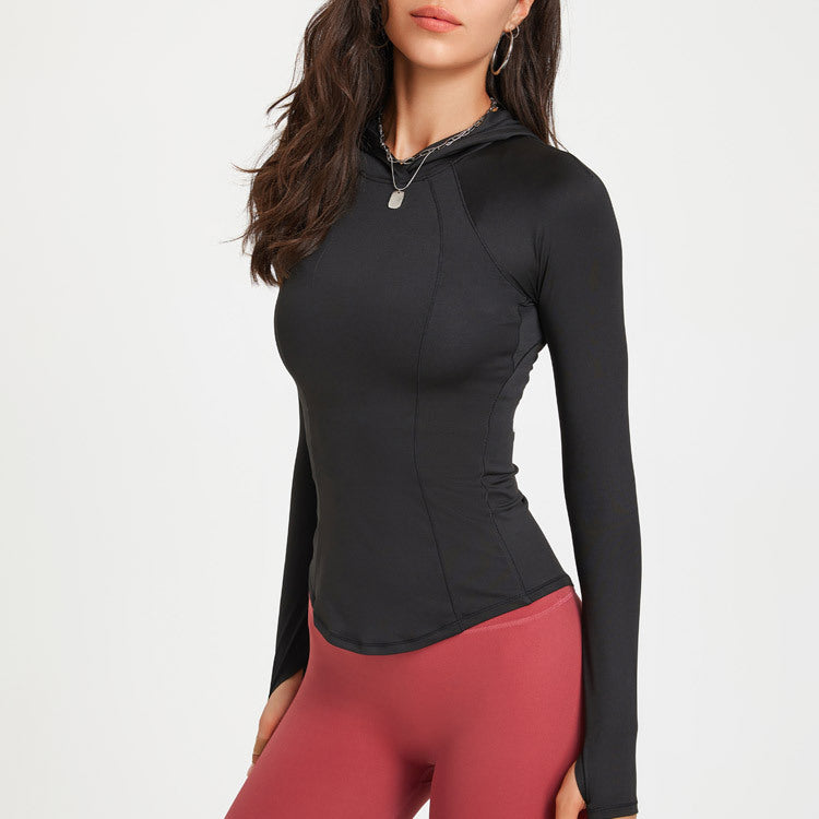black Hooded Yoga Blouse with Long Sleeves