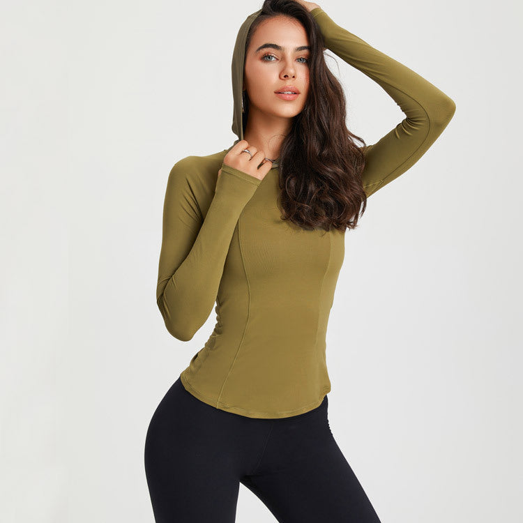 brown Hooded Yoga Blouse with Long Sleeves