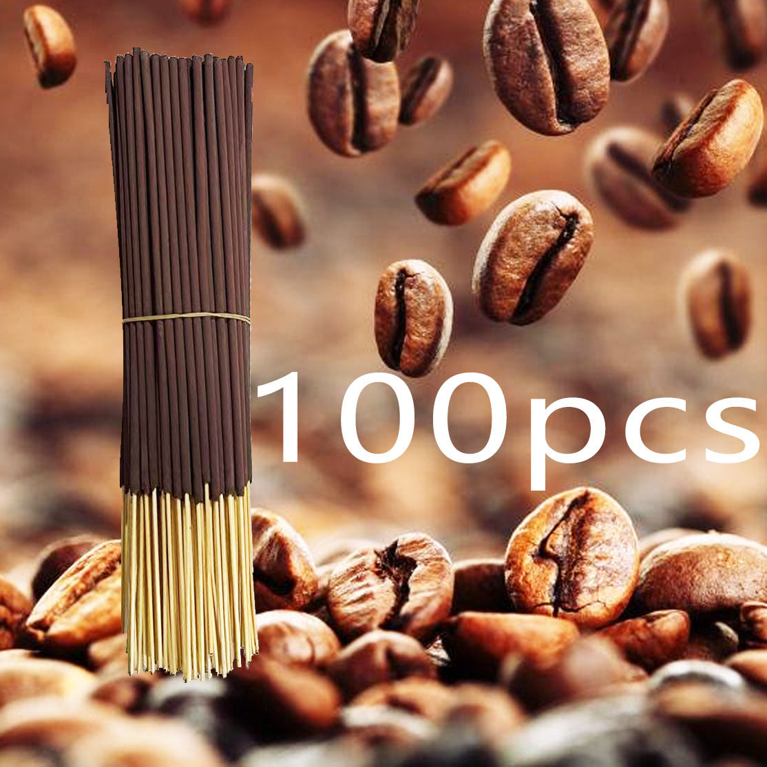 Incense sticks with coffee beans on a blurred coffee bean background, labeled '100 pcs'.