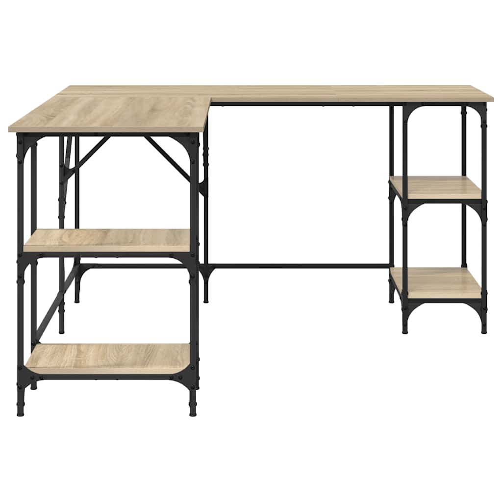 Large L-Shaped Desk with Black Metal Frame and Wooden Surfaces