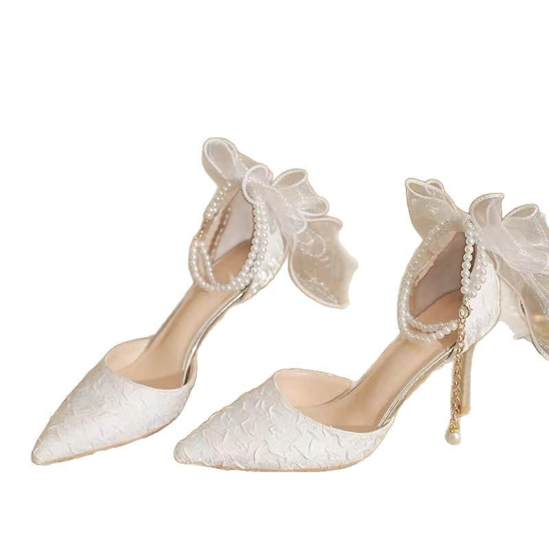 Lace Pointed Toe Wedding Heels with Bows