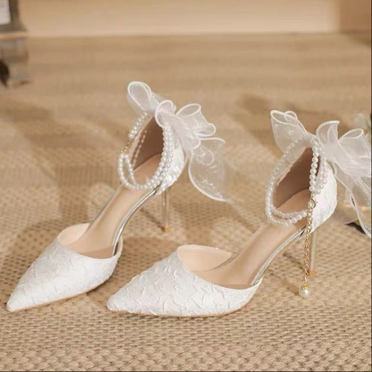 boho Lace Pointed Toe Wedding Heels with Bows