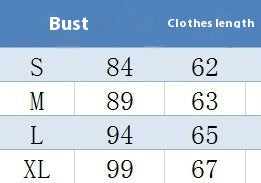 Table showing clothing size chart with bust measurements and clothes lengths.