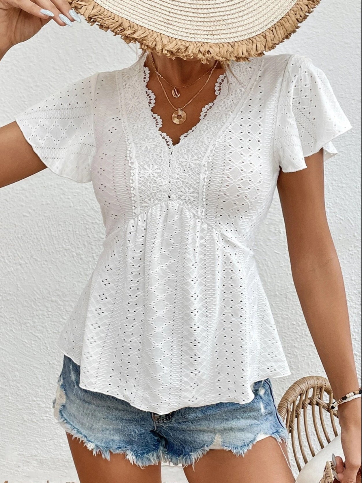 Lace V-Neck Short Sleeved Top