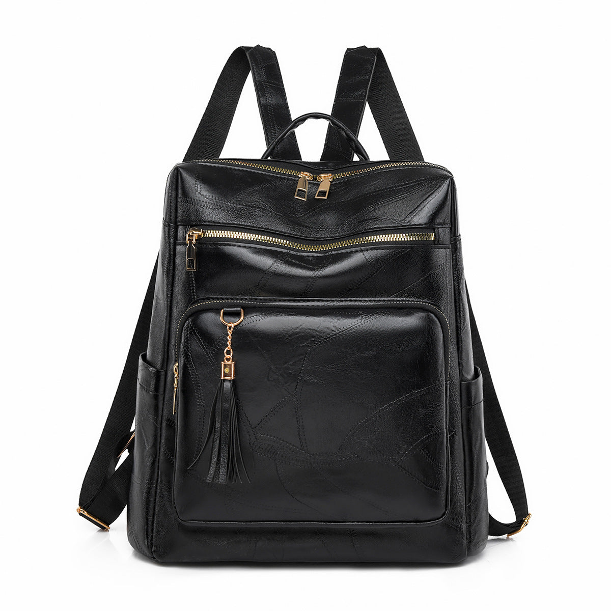 Black leather backpack with gold zippers and tassels on a white background
