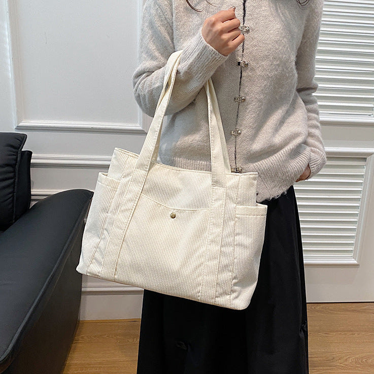 white Large Boho Corduroy Tote Bag