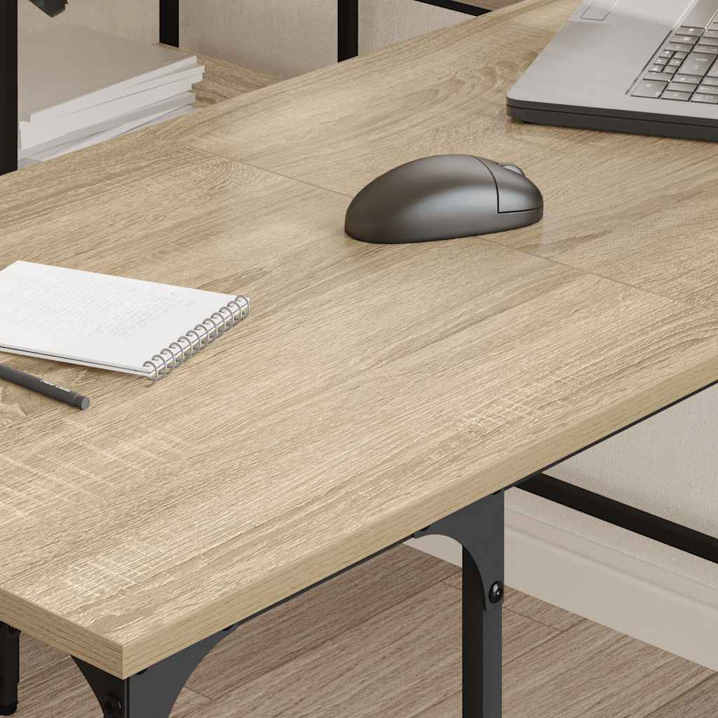 Large L-Shaped Desk with Black Metal Frame and Wooden Surface