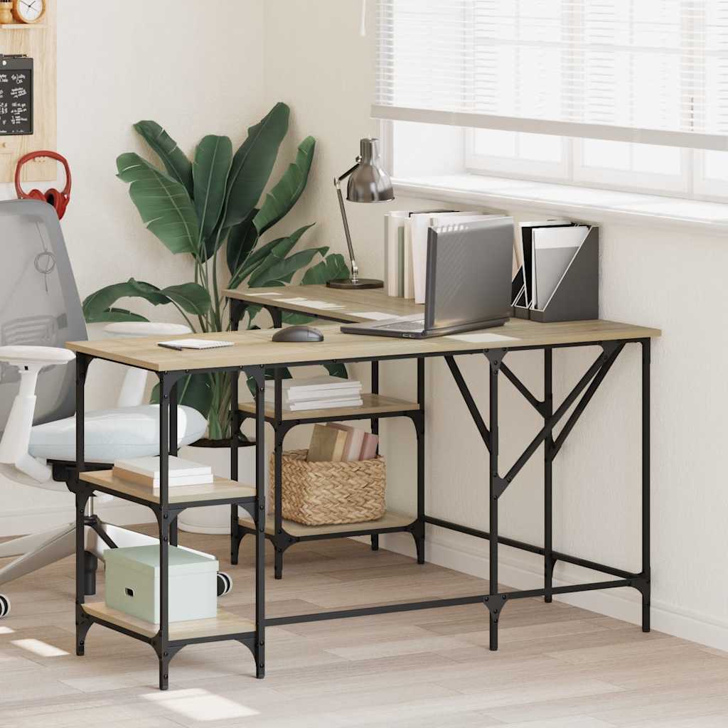 Large L-Shaped Desk with Black Metal Frame and Wooden Surfaces
