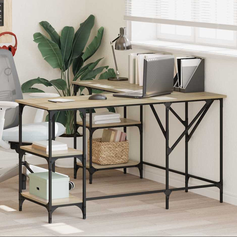 Large L-Shaped Desk with Black Metal Frame and Wooden Surfaces