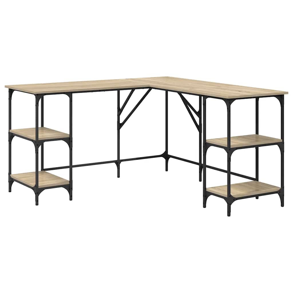 Large L-Shaped Desk with Black Metal Frame and Wooden Surfaces