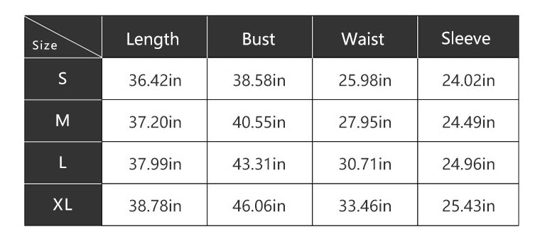Size chart for clothing with measurements in inches