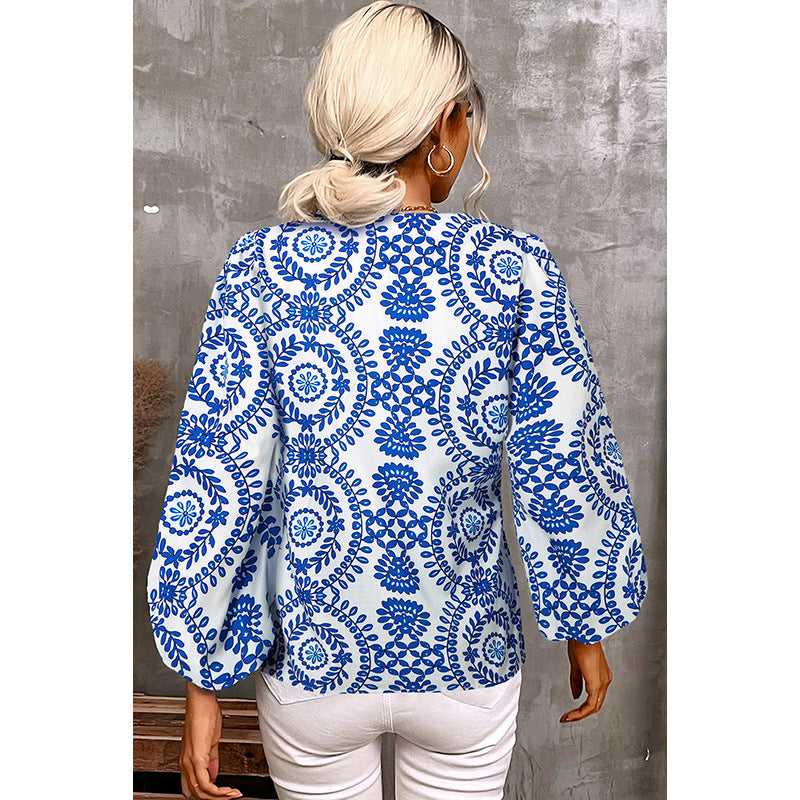 Long Sleeved Boho Shirt in White and Blue boho harmony
