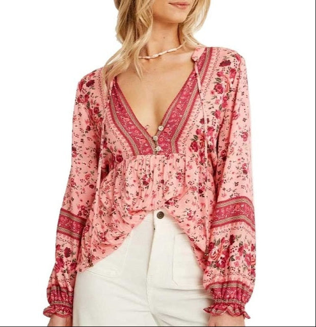 Low Cut Boho Floral Blouse