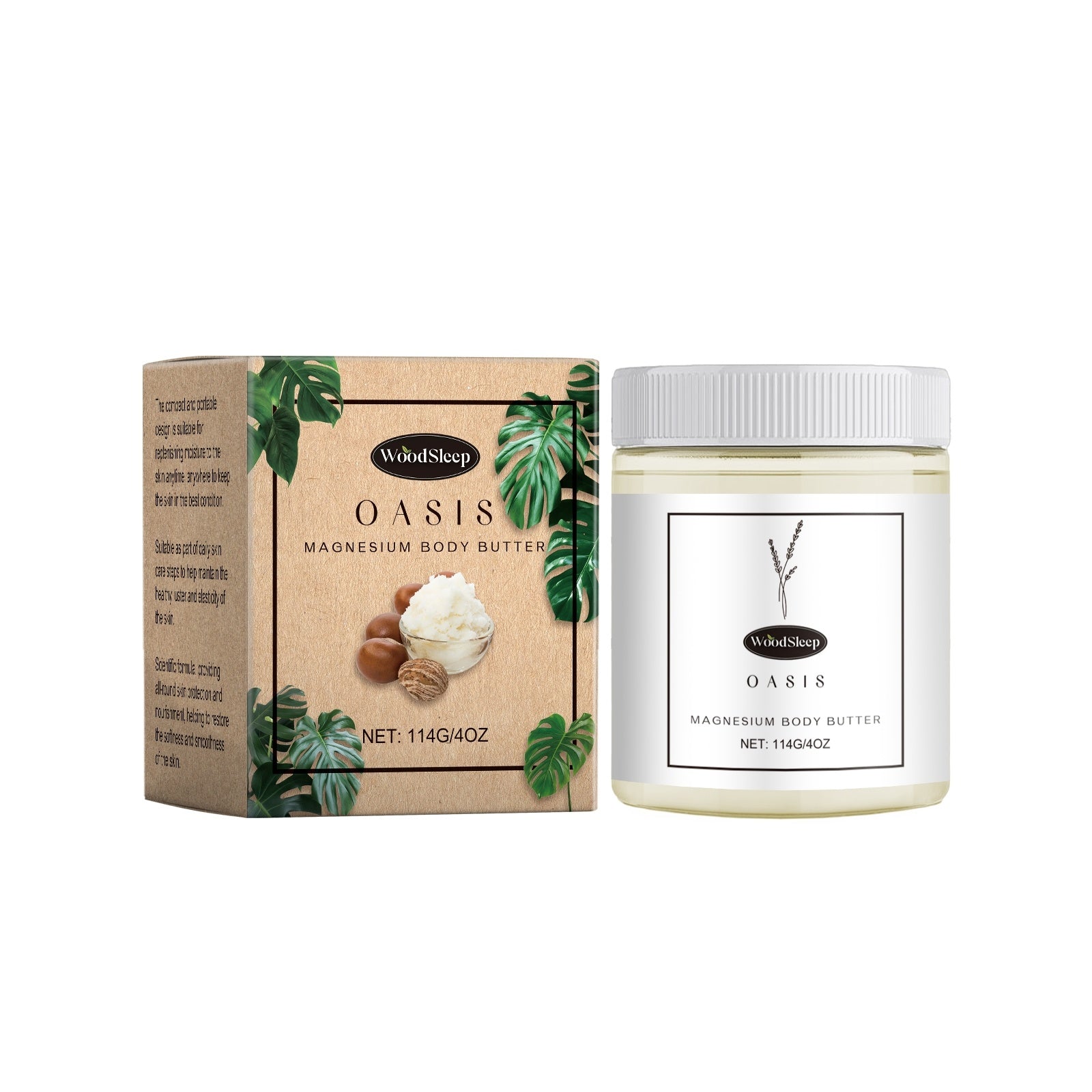 Oasis magnesium body butter packaging with a cardboard box and white jar on a white background