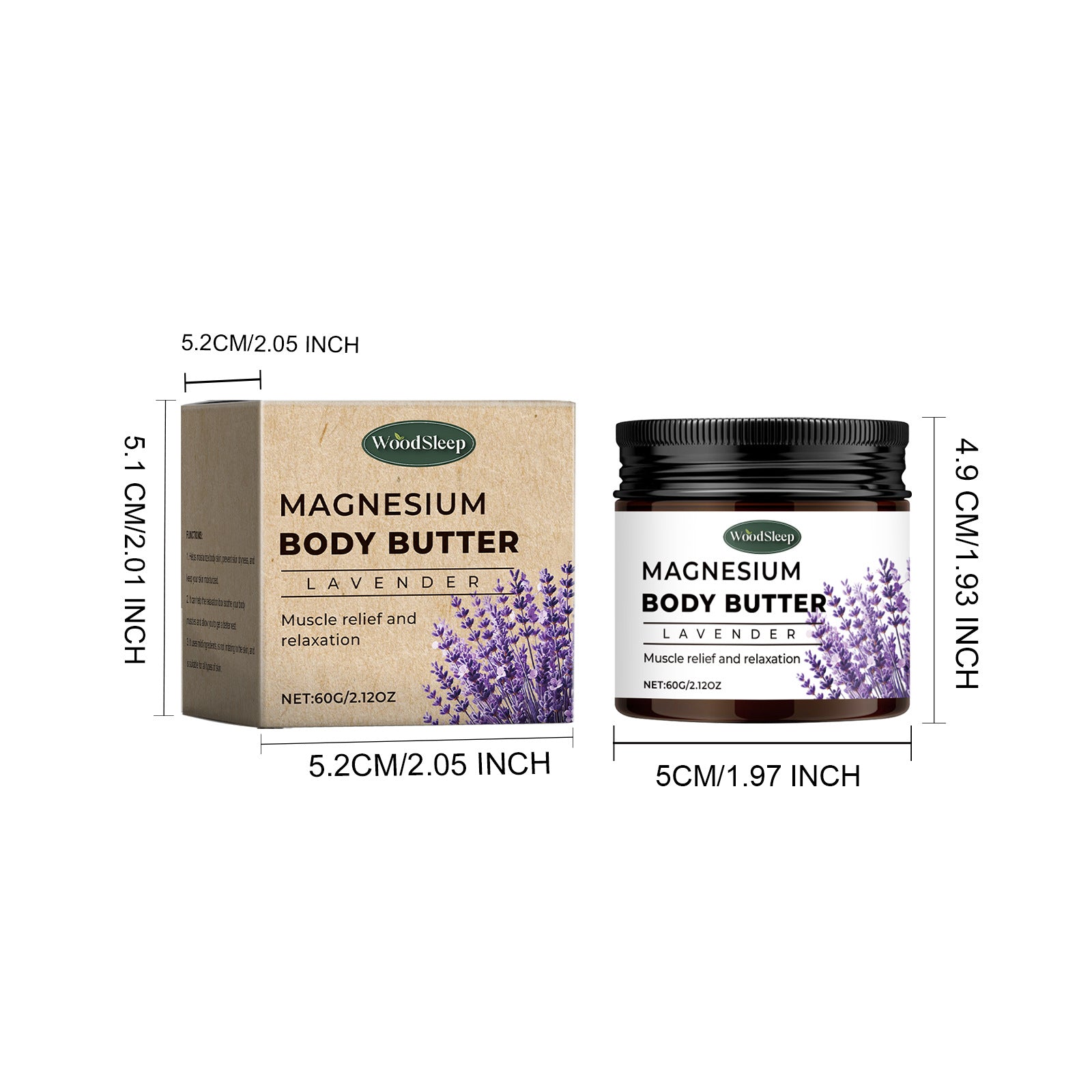 Magnesium body butter packaging with dimensions on a white background