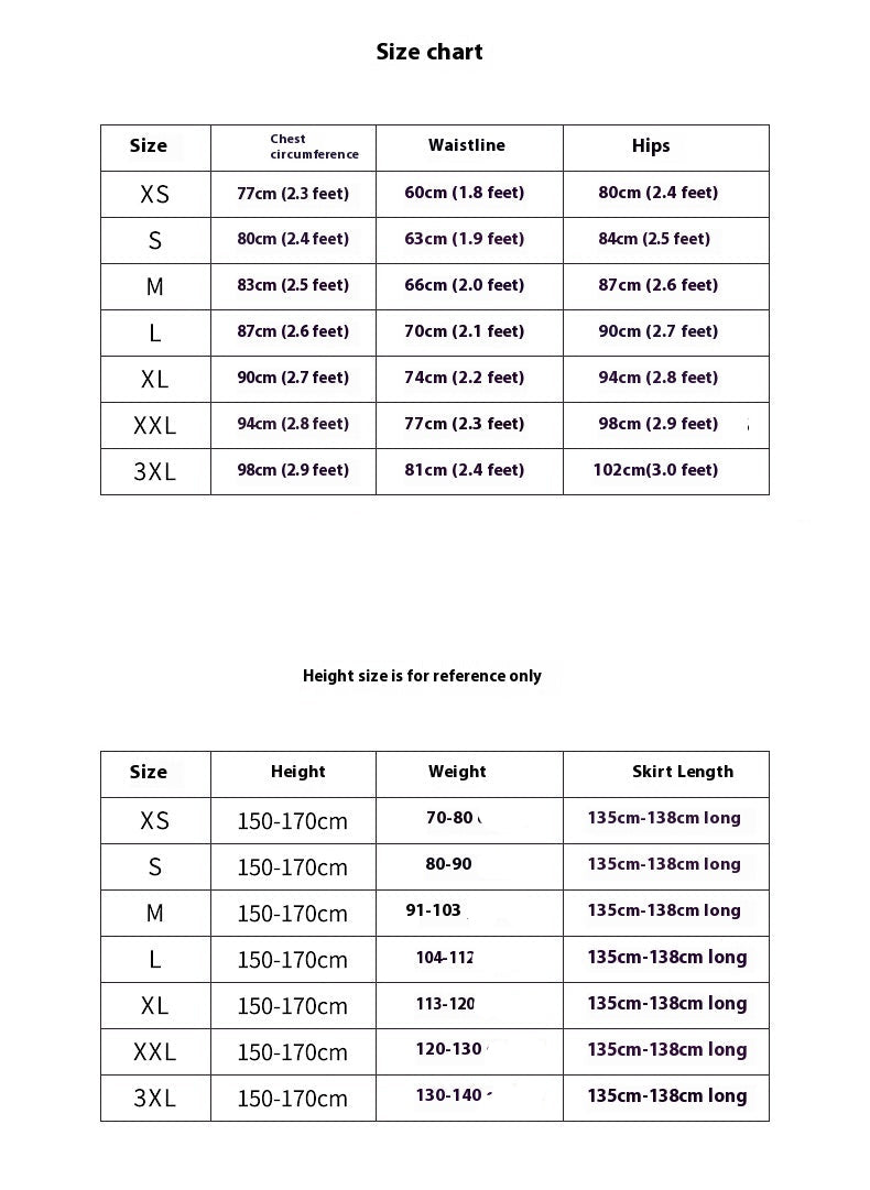 Size chart for clothing with measurements in centimeters and feet.