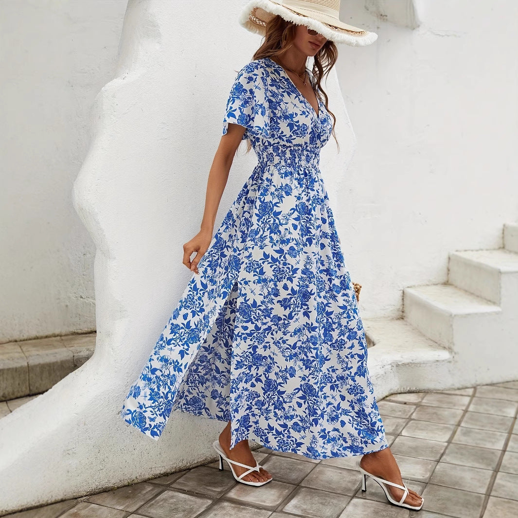 Maxi Boho Dress in White Blue