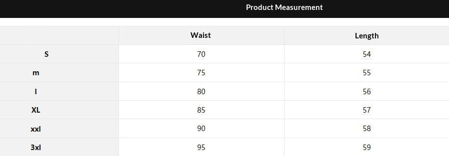 A product measurement chart titled 'Product Measurement' showing size information for waist, length, and circumference in a table format with columns for Size, Waist, Length, and Circumference.