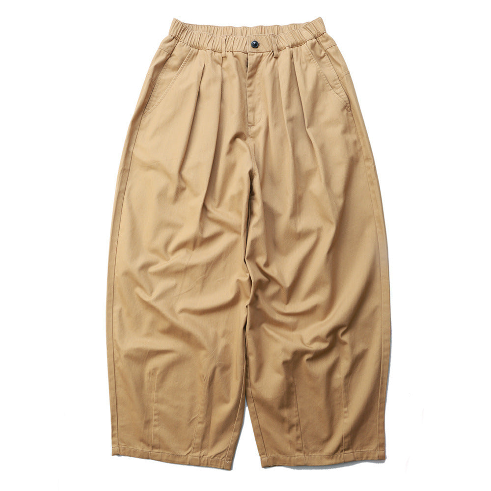 beige Men's Wide Leg Boho Denim Pants with Elastic Waist