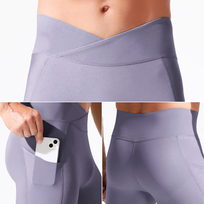 Collage of a person wearing light purple leggings with a focus on the waistband and pocket.