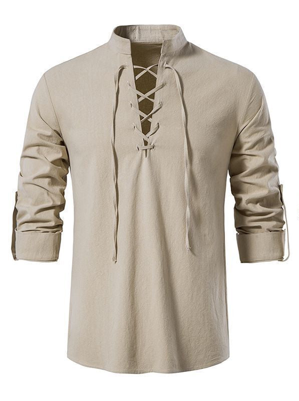 Beige long-sleeve shirt with lace-up front, shown in different colors on a white background.