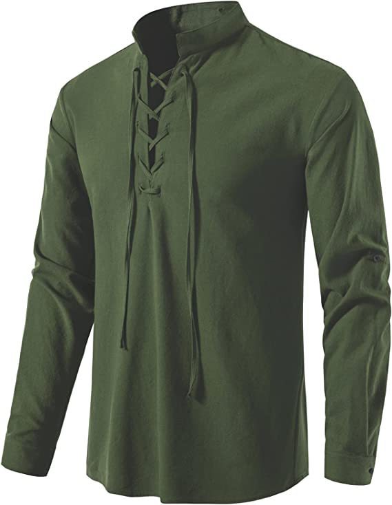 Green long-sleeve shirt with lace-up front on a white background