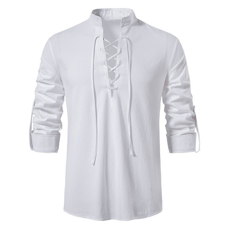 white Mens Long Sleeve Lace Up Collar Shirt