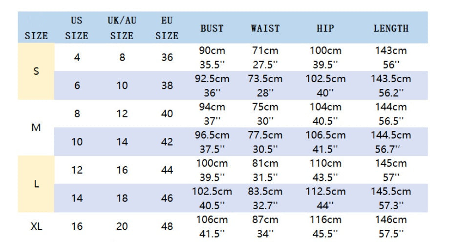 Size chart for clothing with measurements in centimeters and inches.