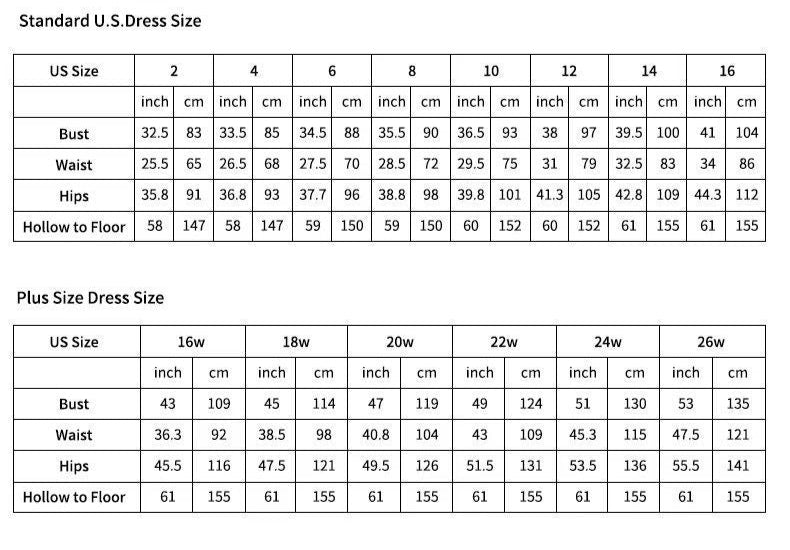 Size chart for dresses with standard and plus size measurements.