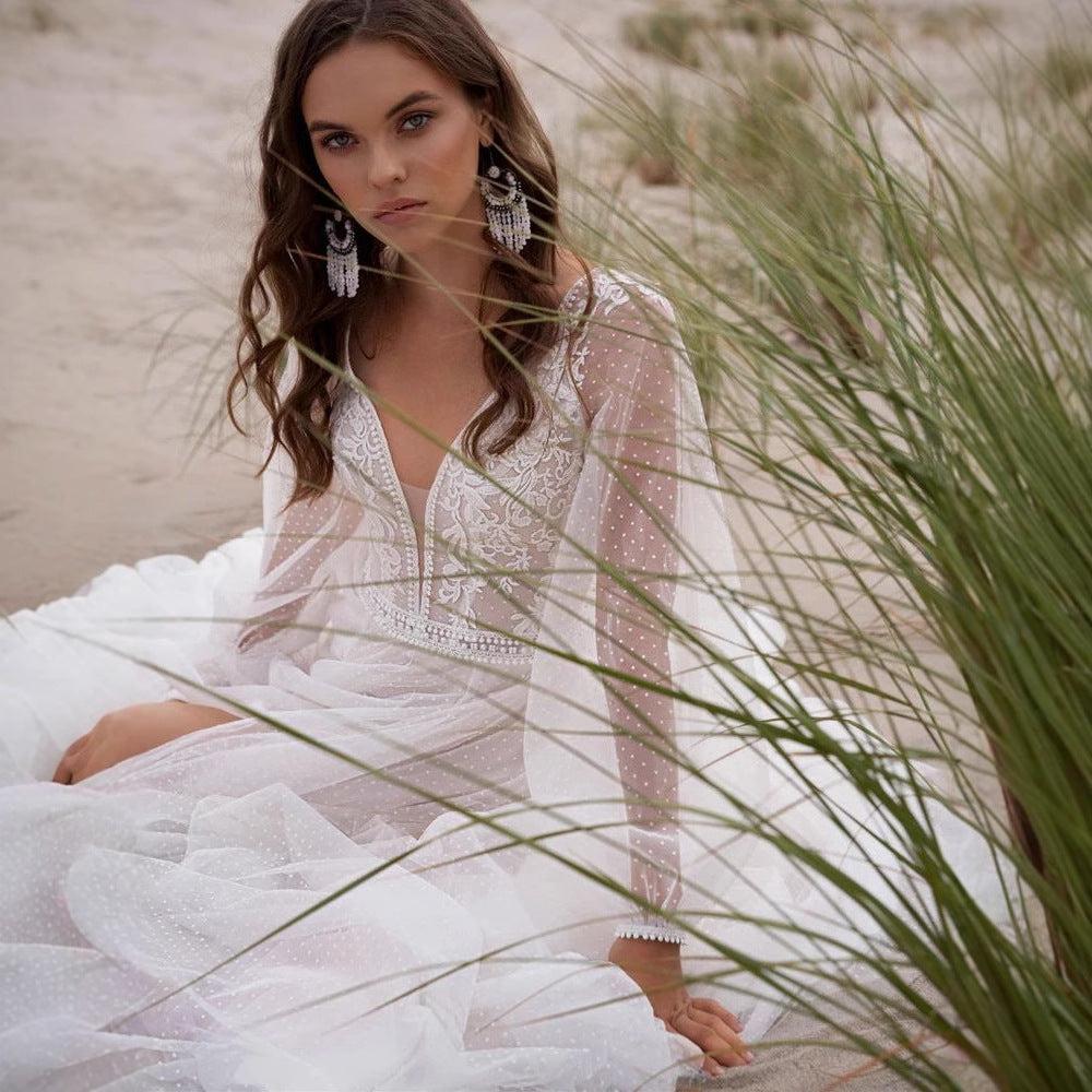 Mesh Slit Wedding Dress Boho Design lace