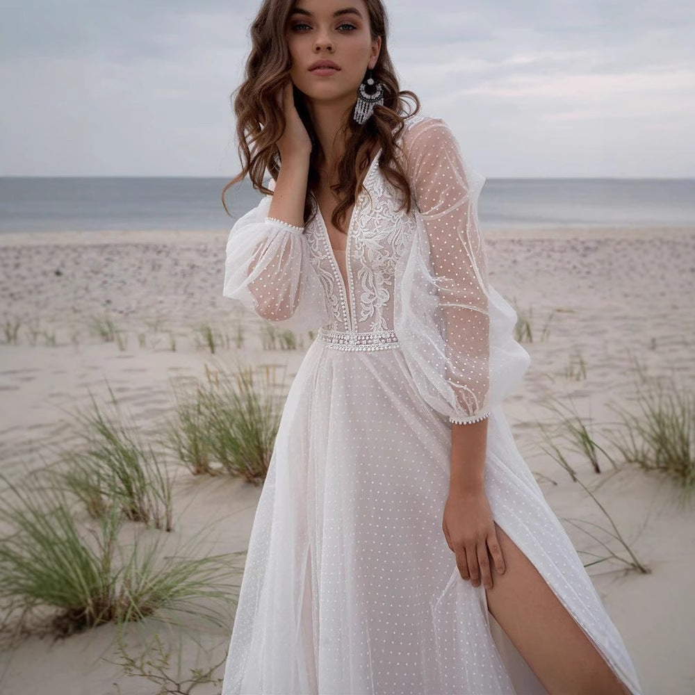 Mesh Slit Wedding Dress Boho Design