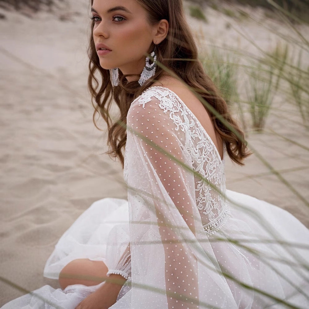 Mesh Slit Wedding Dress Boho Design